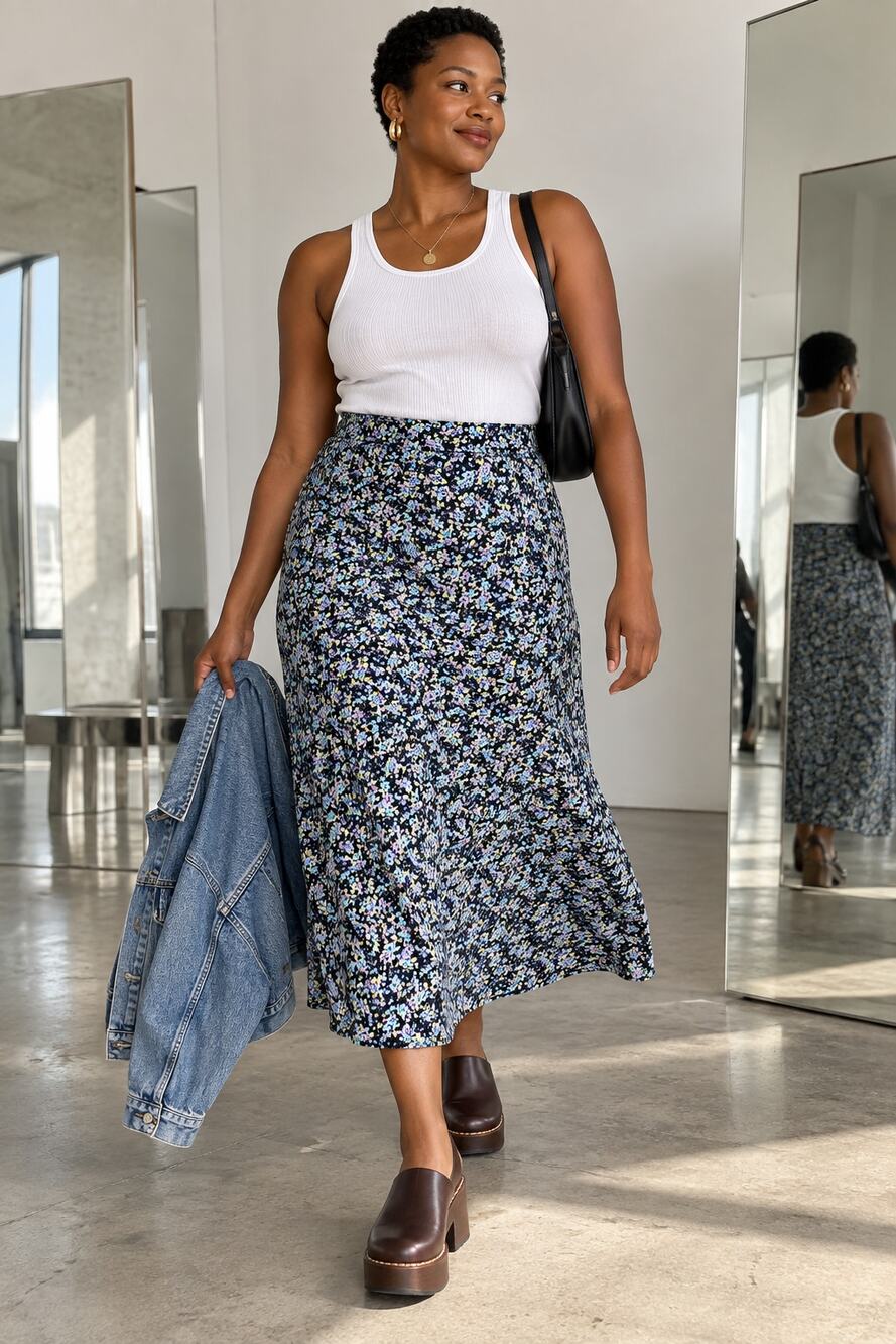 Vintage Kathie Lee Collection Size 16 Navy Floral Rayon Midi Skirt Cottagecore
